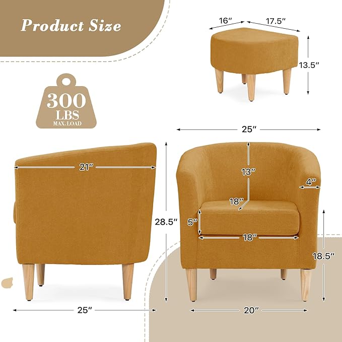 Athena Collection Modern Barrel Accent Chair with Ottoman, Furry Cozy Reading Arm Chair for Adults, Comfy Uphosltered Sofa Armchair with Footrest for Living Room, Bedroom, Small Space, Yellow