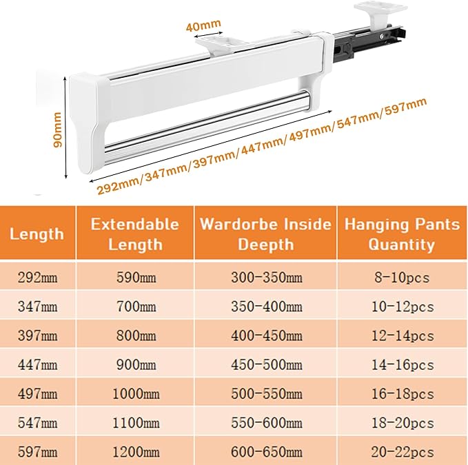 Pull Out Closet Valet Rod, Adjustable Sliding Heavy Duty Steel Top Mounted Clothes Storage Hanger Rail for Closet Wardrobe (497mm/19.6inch)