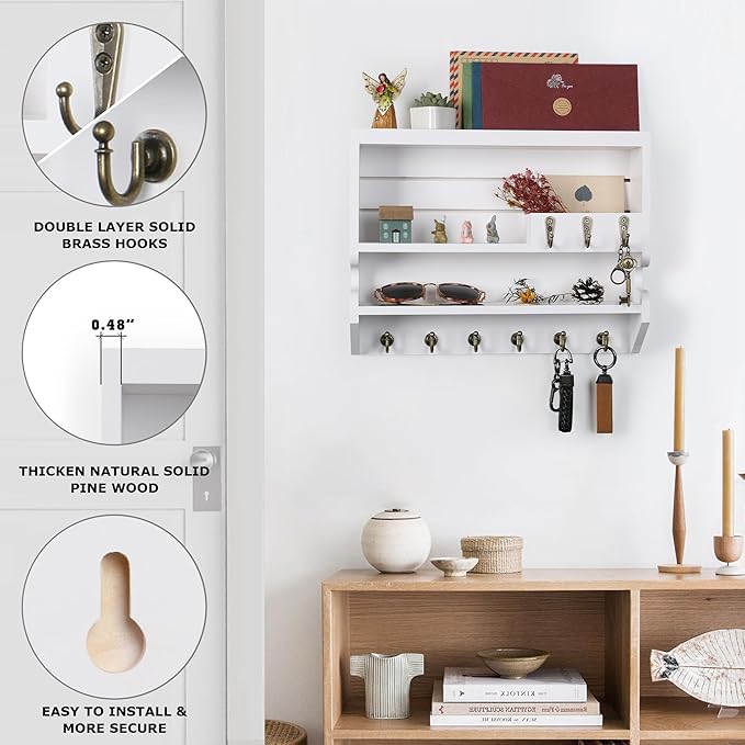 Handcrafted Solid Wood Key Holder for Wall - Artisan Hand-Sprayed Finish & Smooth Edges - Decorative Entryway Organizer, Rustic Wall Mount Key Holder for Home Decor, Sturdy, White