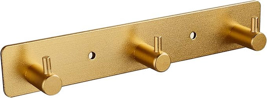 Adhesive Bathroom Gold Hook Rail, 3 Brushed Gold Wall Key Hooks Rack Hanger Towel Robe Stick Door Hooks for Bathroom Toilet Entryway Hallway Kitchen Wall Mounted