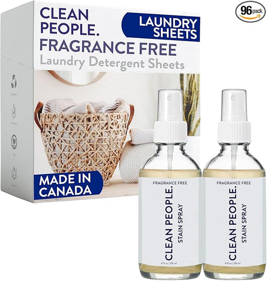 Clean People Ultra Concentrated Laundry Detergent Strips Fragrance Free & Stain Remover Spray- Plant-Based, Eco Friendly Laundry Detergent 96ct & Stain Spray 4oz (2 Pack)