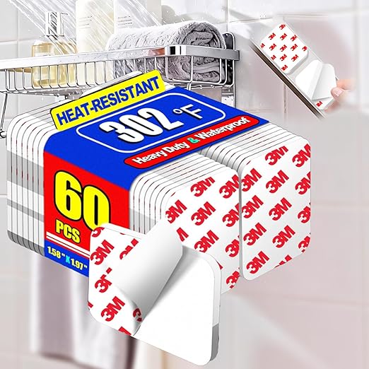 60 Pcs Double Sided Tape Heavy Duty, Made of 3M, High-Adhesive Pads - White 1.57"x1.97" Automotive Adhesive Pads, Heat-Resistant, Waterproof, Outdoor & Indoor Decoration