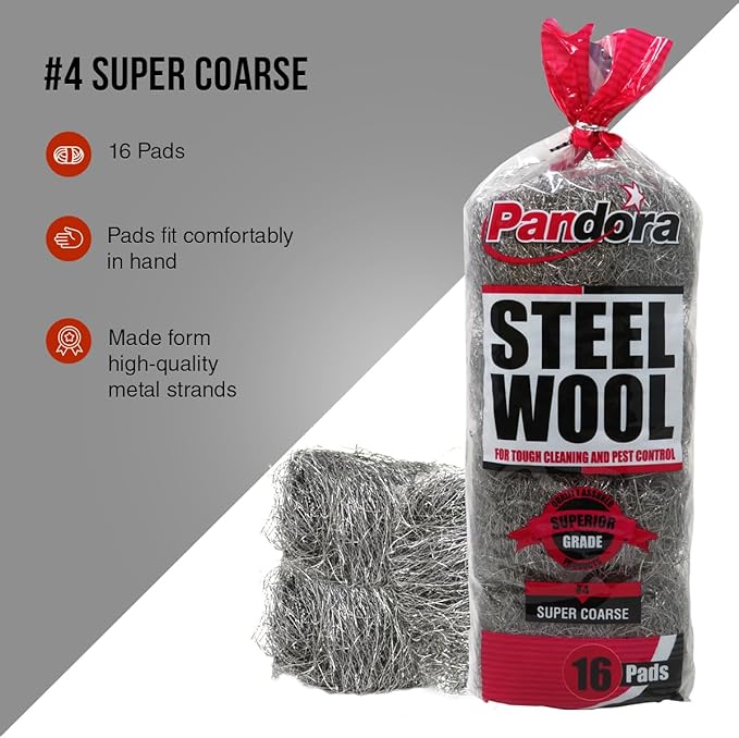 Pandora Steel Wool #4 – Extra Coarse Grade, 48 Pads for Tough Cleaning - Metal Strands - Ideal for Removing Stubborn Paint, Rust, Dirt, and Varnish
