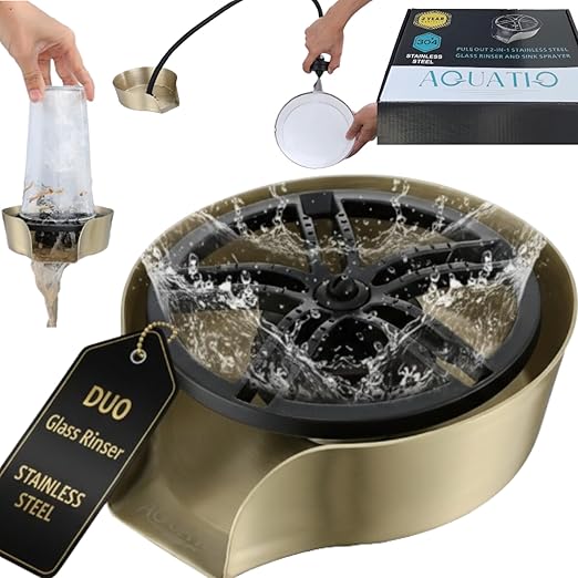 AquaDuo Glass Rinser and Kitchen Sink Sprayer Combo, Stainless Steel Cup Washer, Cup Cleaner for Sink, Bar Glass Rinser, Bottle Washer Sink Attachment, Glass Cleaner for Sink