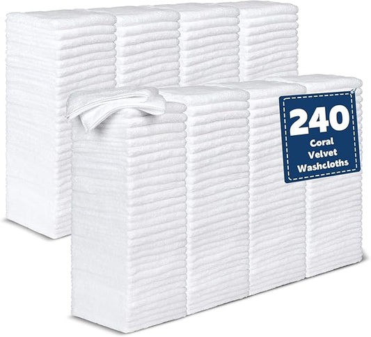 Coral Velvet Washcloths Bulk -240 Pack, Highly Absorbent and Soft White Face Towels, Multi-Purpose Washcloths and Hand Towels for Bathroom, Hotel, Spa and Gym, 12 x 12 inches