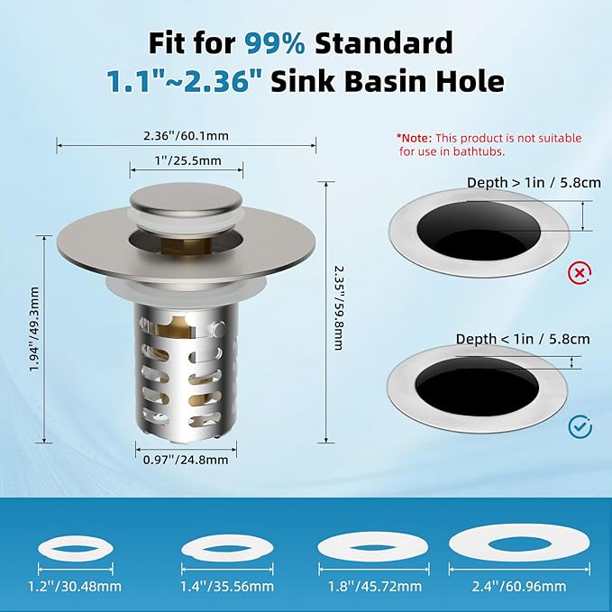 Universal Metal Bathroom Sink Drain Strainer Hair Catcher Upgraded 3 in 1 Pop-up Sink Stopper, with Detachable Stainless Steel Filter Basket, Fit for Standard 1.1''~2.36'' Basin Hole, Brushed Nickle