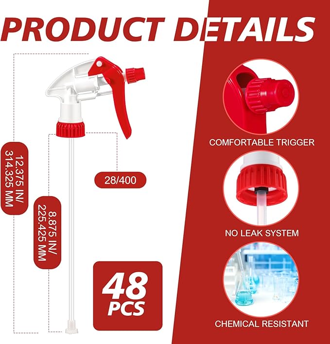 Hushee 48 Pack 28-400 Replacement Trigger Spray Nozzles Only, No Bottle, Heavy Duty Bottle Sprayer for Industrial Home Use, Fit for 32 oz, 16 oz, 8 oz Plastic and Glass Bottles(Red)