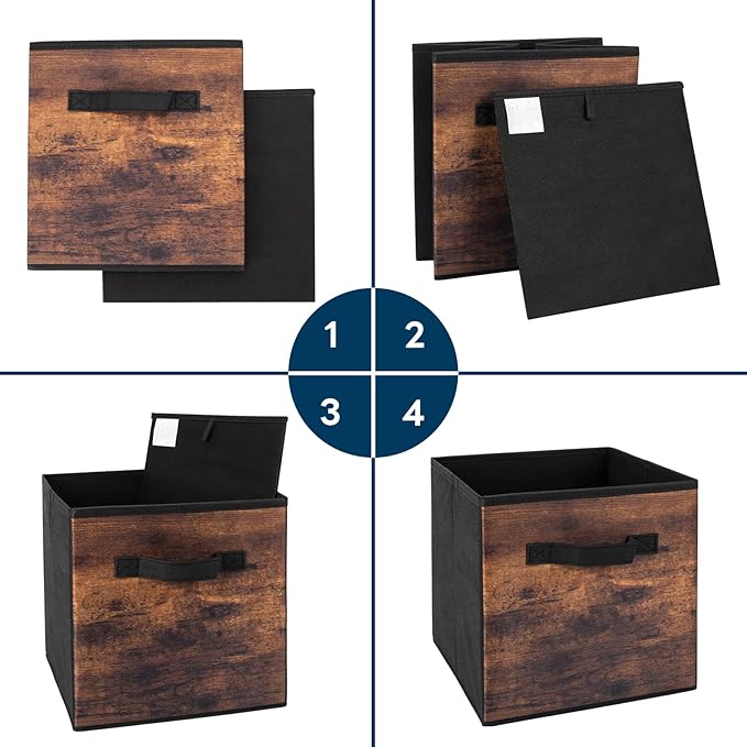 EWES 13 Inch Fabric Storage Cubes, 6 Pack Foldable Storage Bins with Handle, Storage Baskets Box for Shelves, Closet, Organizer, Brown Black