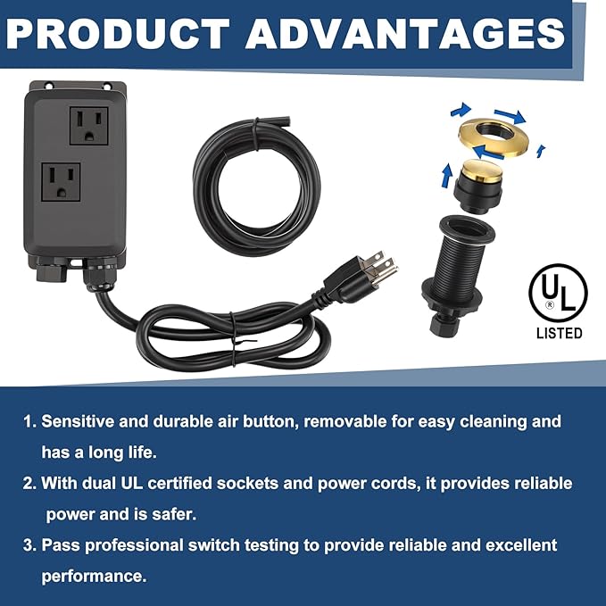 Garbage Disposal Air Switch Kit Wireless Sink Top Garbage Disposal Button Stainless Steel/On/Off Waterproof Button Kit with Long Switch Matte UL Listed(Dual Outlet,Gold,Long Size)