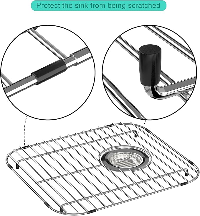 SANNO Sink Bottom Grid for Kitchen, Sink Protectors with Rear Drain Hole for Double Sink,Stainless Steel,13" L x 11.6" W