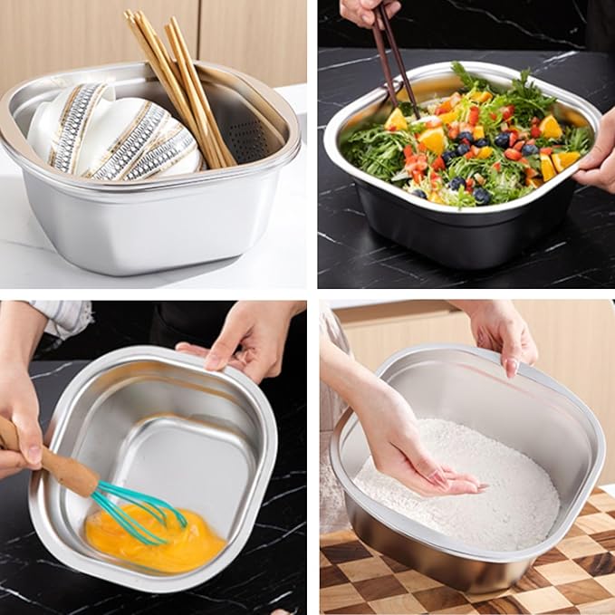 Stainless Steel Washing Up Bowl Set, Square Dish Tub with Colander&Lid, Multi-purpose Fruit Vegetable Washing Basin with Strainer for Sink, Kitchen Preparation, Wshing,Storage, 11in*4in