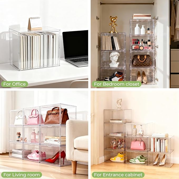 Clear Stackable Storage Bins, Acrylic Display Case, Acrylic Boxes with Lids, Magnetic Lid Storage Bins for Handbags & Purse, Large Figures Collectibles, Storage Box for Home Organization(5 Pack)