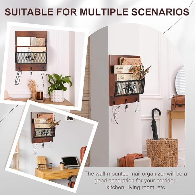 Farmhouse Mail Organizer Wall Mounted Rustic Mail Holder Hanging Key Sorter with 3 Hooks Indoor Wooden Wall Mounted, Letter, Magazines, Newspapers, Keys (Classics,Dark Brown)