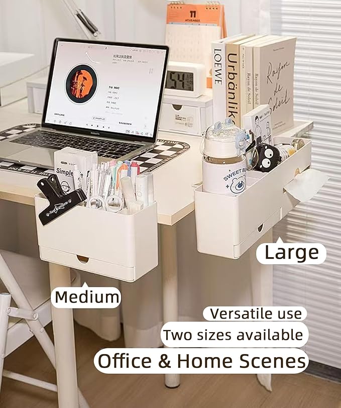 Desk Side Storage Organizer, Desk Cup Holder, No Drill Pen/Pencil/Phone Holder with Hanging Under Table, Clamp On Desktop Side, Stationery Organization Accessories for Home Office(M-size)