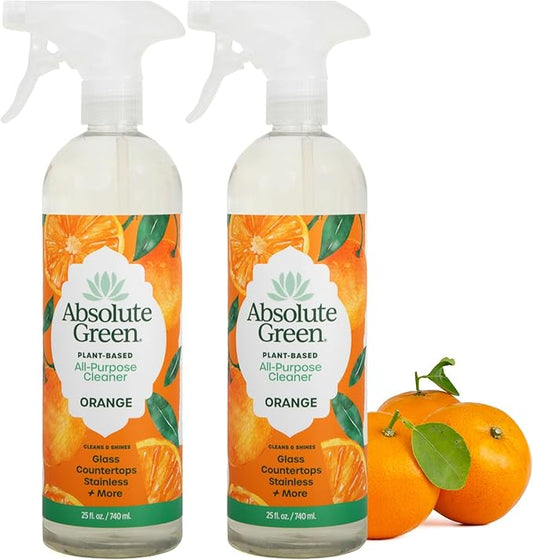 Absolute Green All Purpose Cleaner Spray, Non-Toxic, Kitchen, Bath, Countertop, Stainless, Safe around Kids + Pets, Natural Orange Scent, 25 oz (2 Pack)