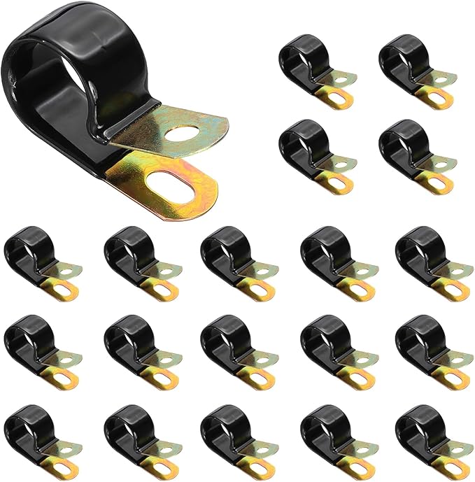 PATIKIL 3/4 Inch Vinyl Coated Cable Clamps, 50 Pack Galvanized Steel Metal Cable Clips Rubber Cushion Insulated Pipe Clamps for Tube Lines Cord Wire Management, Black
