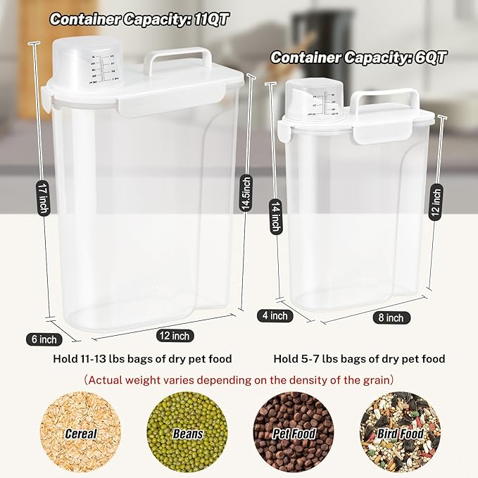 Dog Cat Food Storage Container 5+10 Lbs, Pet Food Container Airtight with Large Spout & Cup, BPA-Free Plastic Food Dispenser for Pet Food, Bird Seed, Rice, Flour-Large 2 Pack