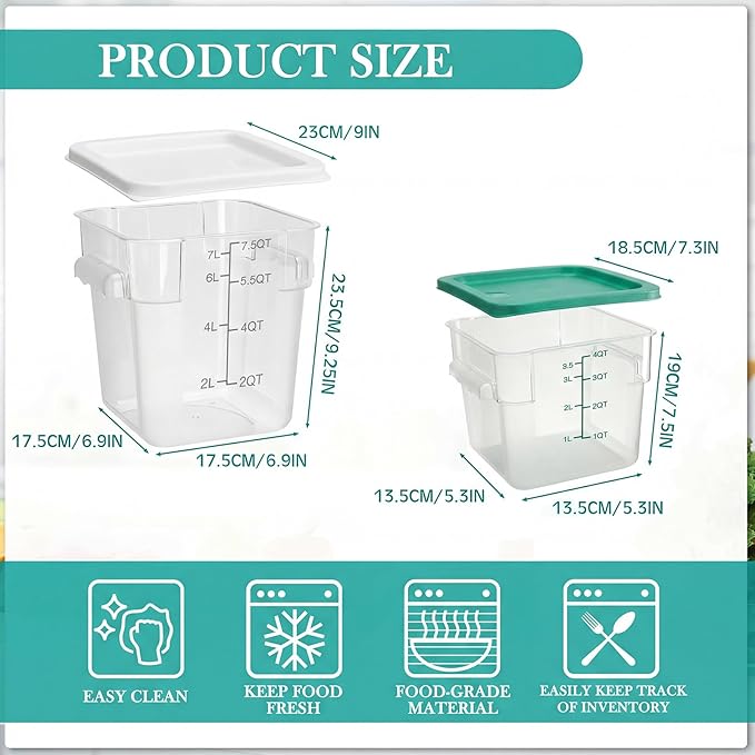 Lallisa 4 Pcs 8qt & 4qt Clear Food Storage Containers with Lids Handles and Scales, Stackable Plastic Square Food Storage Containers for Dough Proofing Baking Kitchen Restaurant(White, Green)