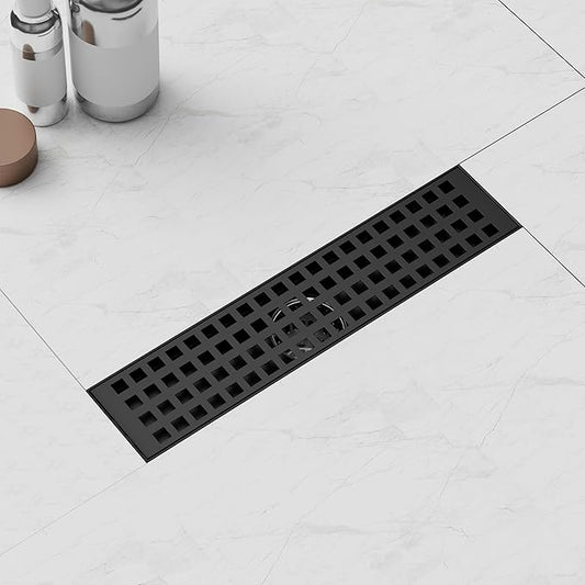 Linear Shower Drain 12 Inch, Modern Rectangle Shower Floor Drain with Removable Quadrato Pattern Grate, Stainless Steel SUS 304, Linear Drain with Leveling Feet& Hair Strainer