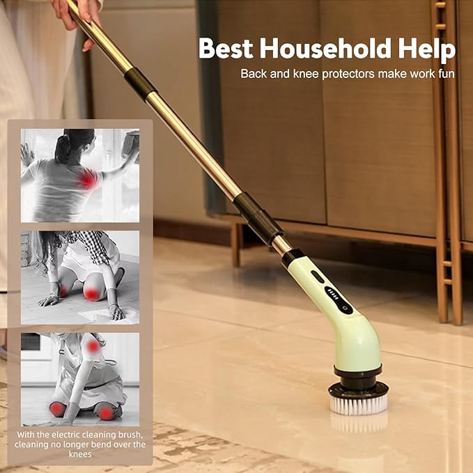 Cordless Electric Spin Scrubber, 9 Replacement Cleaning Heads IPX6 Dual Cleaning Brush with Extension Arm for Bathroom Bathtub Grout Tile Floor (6