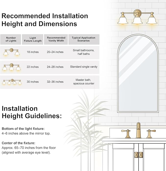 Bathroom Light Fixture, 2-Light Vanity Wall Sconce with Glass Shades, Gold Finish, Light Fixtures Over Mirror for Bathroom, Bedroom, Living Room, Hallway, 18inch
