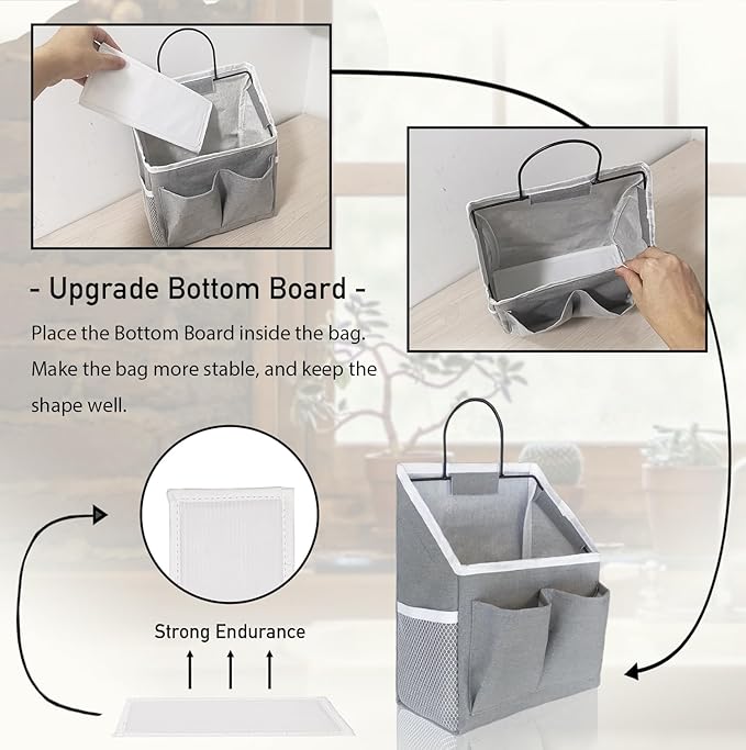 3pcs Wall Hanging Organizer Bag, Linen Fabric Door Hanging Storage Basket with Pockets, Waterproof Bin for Kitchen, Bedroom, Office, RV Camper (Gray)