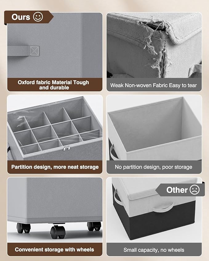 HOUSE AGAIN Shoe Organizer for Closet, 2 Pack Shoe Storage Organizer with Wheels, Foldable Shoe Storage Box with Adjustable Dividers and Clear Cover, Reinforced Handles, Fits up to 16-32 Pairs, Gray