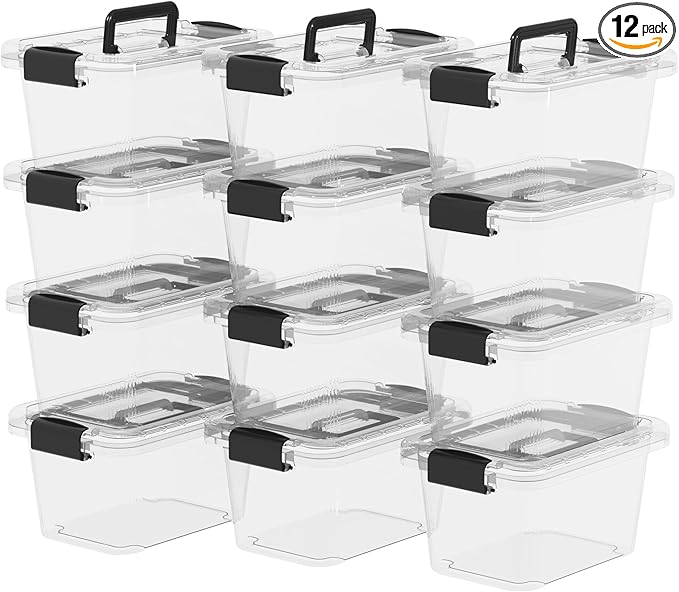 Lidded Storage Bin, Tote Organizing Container with Handle and Buckles, Stackable, Plastic, Clear, 6.8Qt, Pack of 12