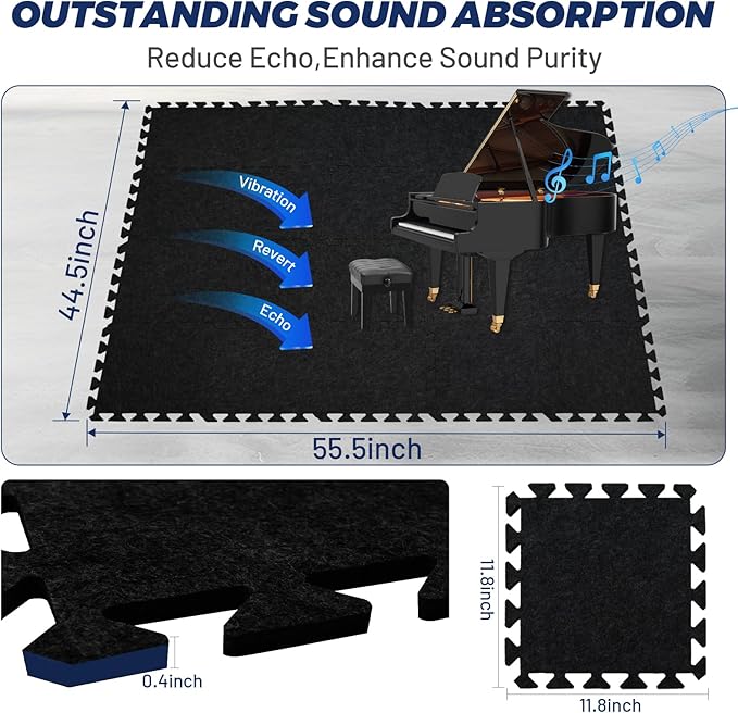 Focusound 20Pcs Sound Absorbing Interlocking Drum Rug, 11.8 x 11.8 x 0.4 inches High Density Soundproof Floor Mats, Non-Slip Anti Vibration Piano Carpet Drum Mat for Music Studio, Black