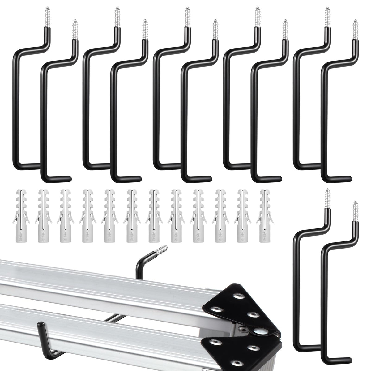 12 Pcs Black Heavy Duty Ladder Hooks Screw in Storage | Garage Storage - Image 1