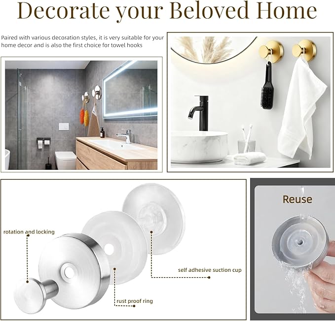 Suction Cup Hooks Removable Shower Hooks, 4Pcs Metal Towel Hooks for Bathroom Window Glass Wall Door Can Hang Various Towels Bath Towels Keychains, Sliver Front Door Wreath Hanger, No-Drill Waterproof