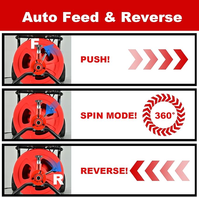 GENGEL PIPE VEDC-100 Electric Drain Snake Auger, 100ft x 1/2"Heavy Duty Cable,1800RPM Auto-Feed Foot Pedal,8-Piece Cutter Set + Hex Root Killer,8" Replaceable Wheel – Ideal for Sewer & Clogged Pipes