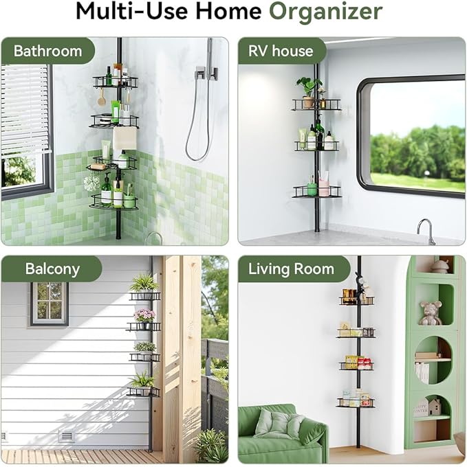 Corner Shower Caddy Tension Pole-4 Tier Adjustable Bathroom Shower Organizer with Soap Holder, Rustproof Shower Shelves Shower Rack for Inside Shower, Bathtub Shampoo Storage 29-118", Black