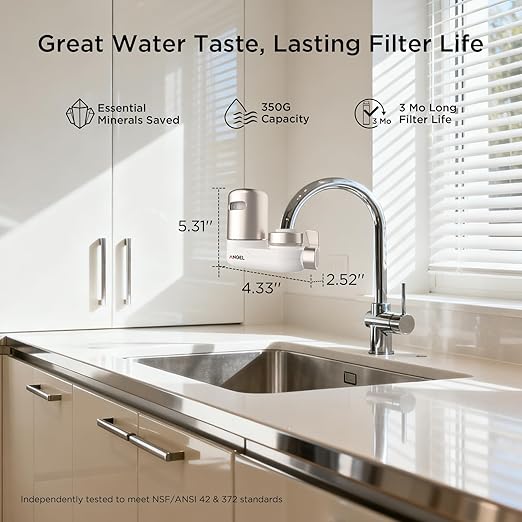 ANGEL CF30 Water Filter for Sink Faucet, Faucet Mount Water Filtration System, Reduces 98% Chlorine, Lead & Rust, SGS Tested, Easy Install, 350 Gallons Long-Lasting for Kitchen & Bathroom (Rose Gold)