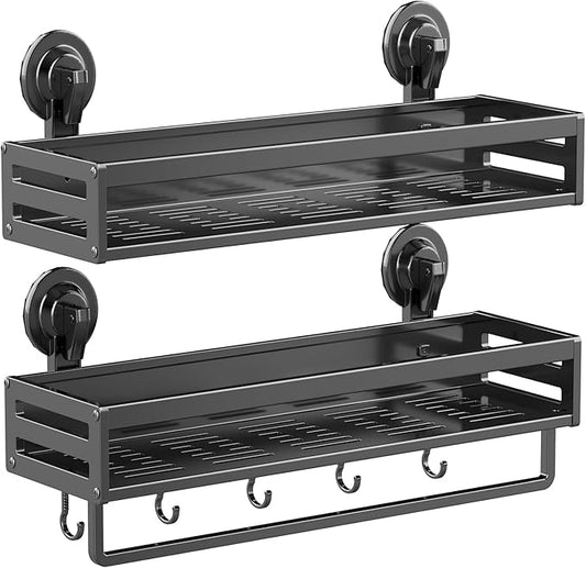 Shower Caddy Suction Cup, 15.8 inch 2 Pack Suction Shower Shelf with Hooks NO-Drilling Bathroom Holder, Rustproof Bathroom Organizer, Includes 2 Extra Suction Cups, Dark Grey