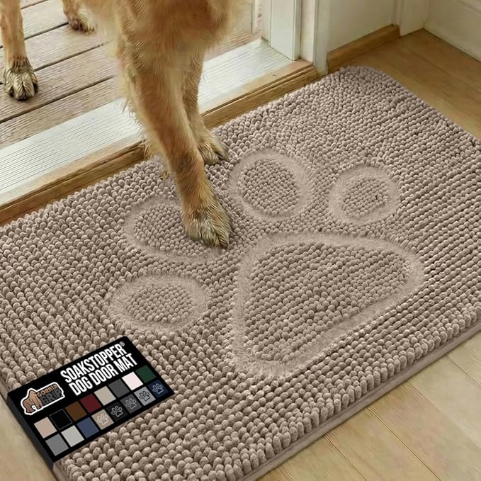 GORILLA GRIP SoakSTOPPER Dog Door Mat, 35x24 Machine Washable Rug Absorbent Doormat Captures Moisture Mud Dirt, Quick Dry Soft Chenille Entryway Rugs Indoor Entrance Mats for Dog Paws, Paw Beige Ivory
