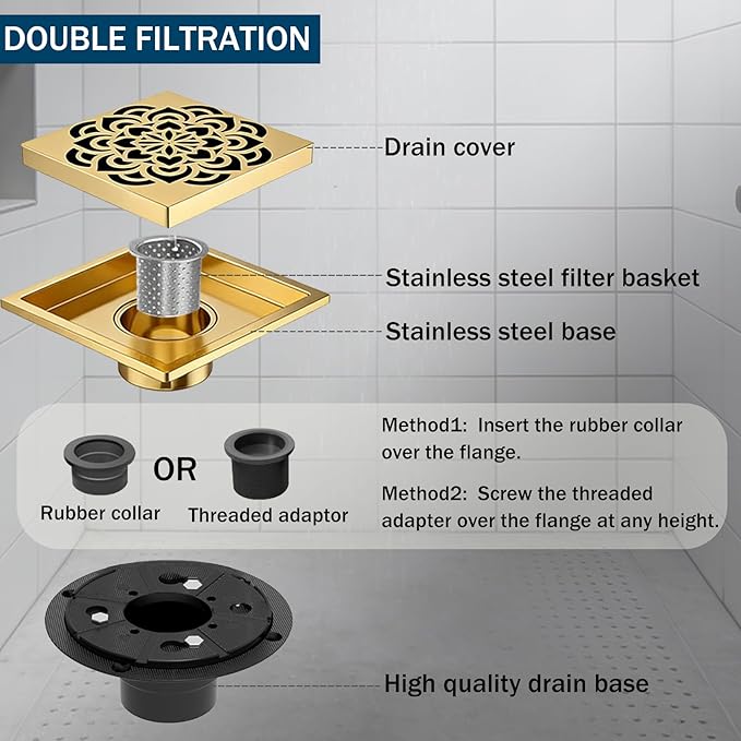 6 Inch Shower Drain, Square Shower Floor Drain Kit with Flange and Removable Cover Grate, AISI 304 Stainless Steel, Brushed Gold