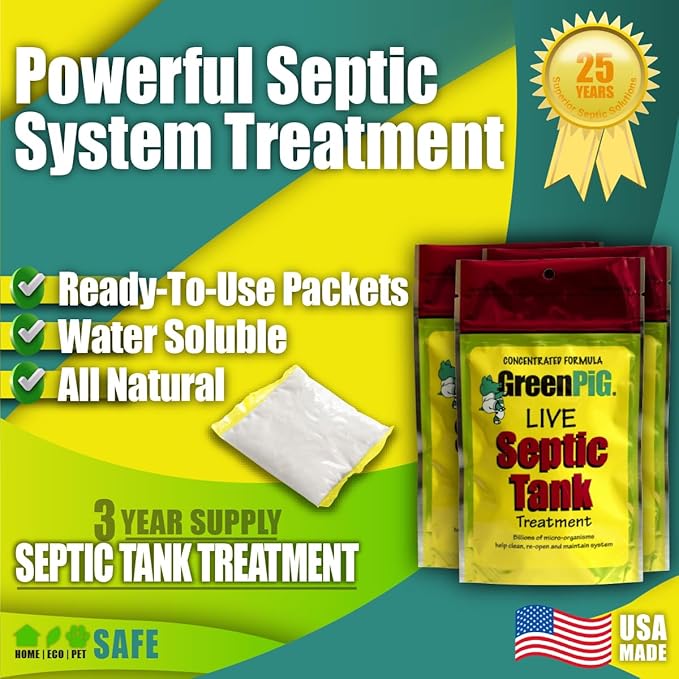 Green Pig Septic Tank Treatment Packets – Septic-Safe Enzyme Treatment for Preventative Maintenance, Helps Prevent Clogs & Odors, 3-Year Supply (12 Packets)