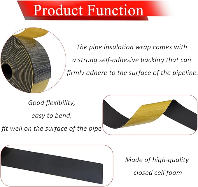 Foam Pipe Insulation Tape 4 Inch x 16.5 Feet, Self Adhesive Pipe Insulation Wrap Foam Tape 1/8 Inch Thick, AC Line Insulation Tube Cover for HVAC, Indoor and Outdoor Pipes, Protection
