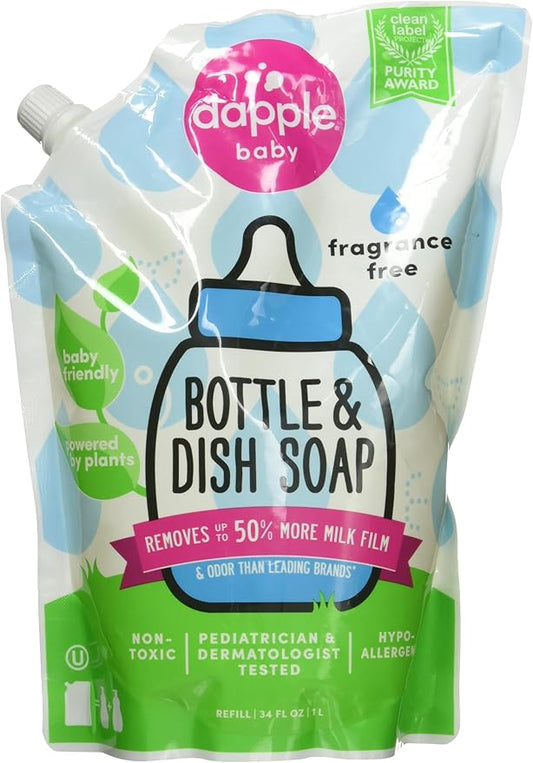 Dapple Refill Pack Baby Bottle and Dish Liquid, Fragrance Free, 33.8 Fluid Ounce