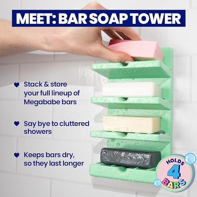 Megababe 4-Tier Bar Soap Tower | Stocking Stuffer Holds 4 Bars | Suctions or Sticks | Self-Draining