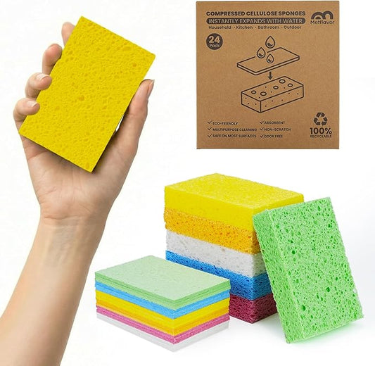 Kitchen Sponges, 24 Count, Non-Scratch Compressed Natural Cellulose Sponges for Dishes, Biodegradable & Compostable, Pop-up for Easy Storage, DIY Crafts and Cleaning