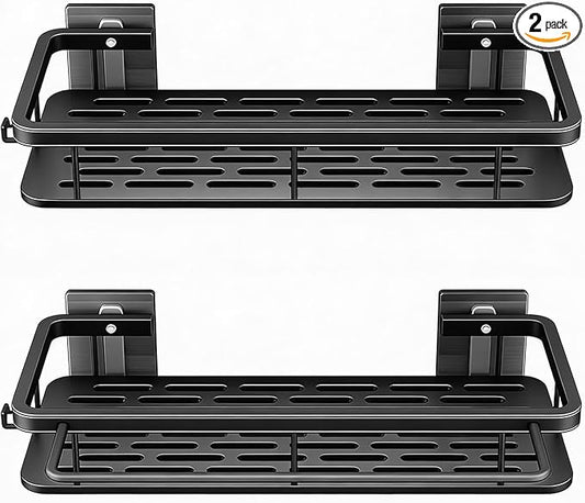 EVALAND Shower Caddy Adhesive 2-Pack with Hooks and Rod for Towels, Black – Premium Bathroom Shower Shelves, Shampoo Organizer, Bathtub Shelf, Rustproof, Easy Installation, Sturdy Modern Look