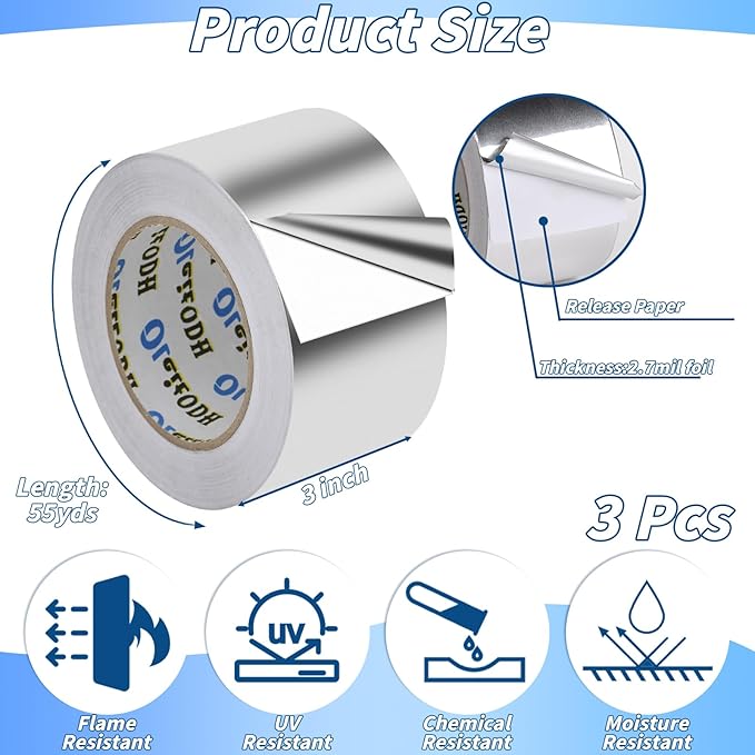 3 Pack Aluminum Foil Tape Bulk - 3 Inch x 55 Yards - Heavy Duty Metal Duct Tape, Aluminum HVAC Tape for Sealing & Patching, Air Ducts, Insulation Metal Repair, Professional Grade