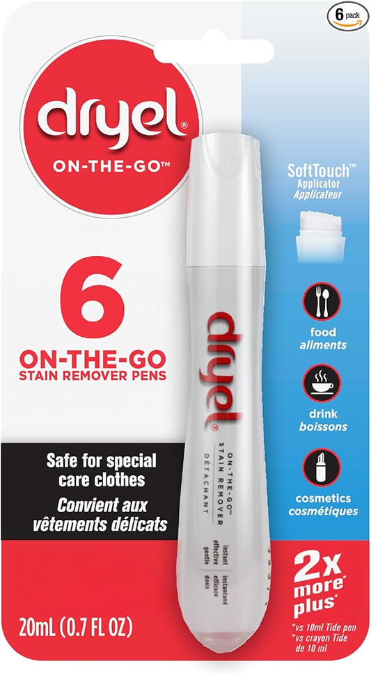 Dryel On-The-Go Stain Remover Pen with Soft Touch Applicator Scrubber, Instantly Removes Tough Stains from Clothing, 6-Pack