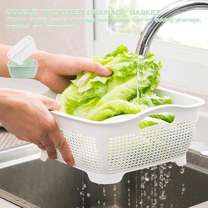 Double-layer Draining Basket Plastic Fruits & Vegetable Wash & Drain Basket, Multi-layer Stackable for Kitchen (Green)