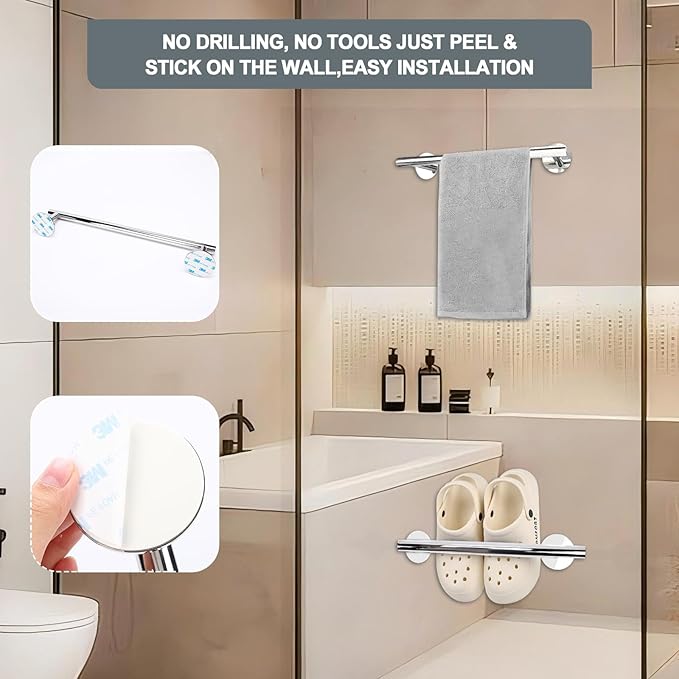 9 Inch Polished Chrome 304 Stainless Steel Towel Hanger for Bathroom - Adhesive & Wall Mount Towel Holder, New Apartment Essentials, Space-Saving Bathroom Furniture for Small Spaces