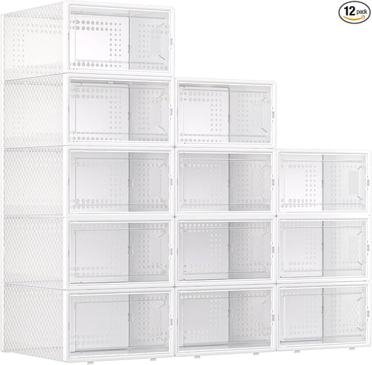 X-Large Plastic Clear Shoe Storage Boxes Stackable 12 Pack Fit Size 11, Shoe Rack & Holder Substitute, Sneaker Containers, Toy Storage Organizer for Entryway, Closet, Under Bed (White)
