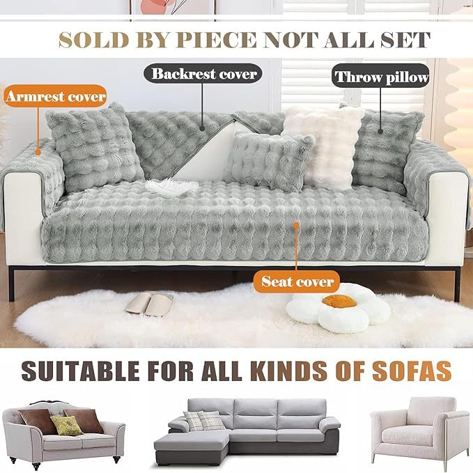 Soft Warm Faux Fur Couch Sofa Cover Thick Shaggy Fuzzy Sectional Couch Cover Non-Slip Solid Color Plush Sofa Slipcover Furniture Protector for Kids, Pets (Light Grey,43"x43")