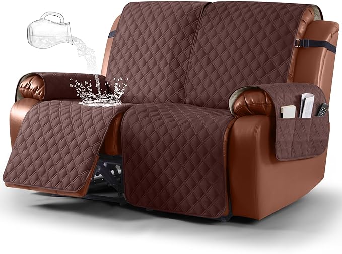 Ruaozz Waterproof Recliner Sofa Covers, 1-Piece Couch Covers for Reclining Couches Reclining Couch Cover Washable Furniture Protector with Elastic Straps Pocket for Kids Pets (Coffee, 2 Seater)